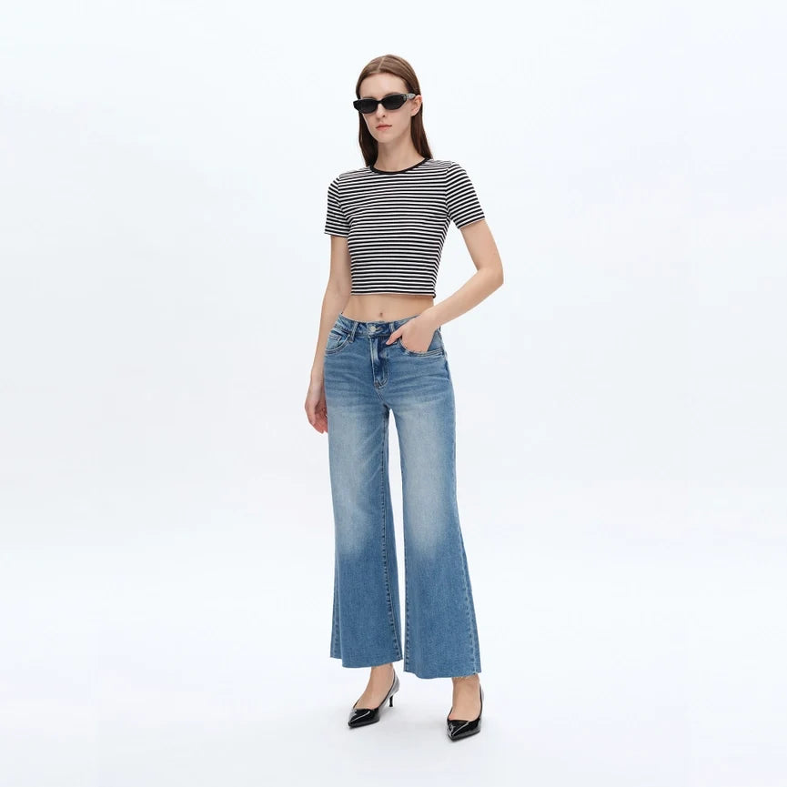 Mid Rise Wide Leg Jeans with Raw Hem MEDIUM BLUE