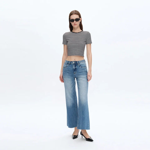 Mid Rise Wide Leg Jeans with Raw Hem MEDIUM BLUE
