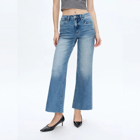 Mid Rise Wide Leg Jeans with Raw Hem MEDIUM BLUE