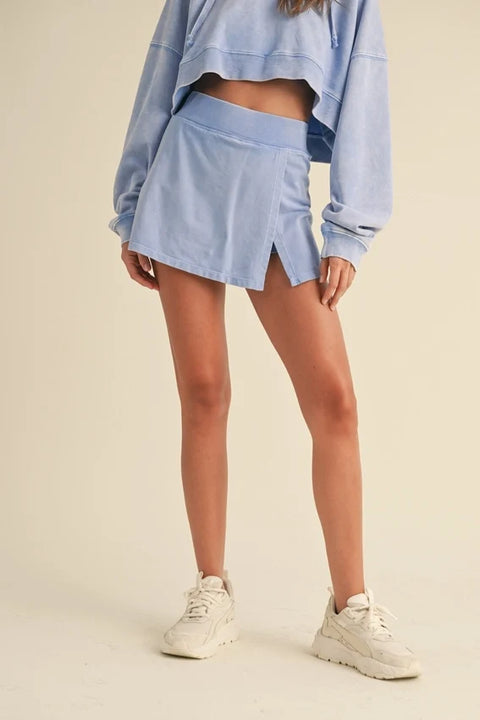 Mineral Wash Side Slit A-Line Skort - Lavender Blue
