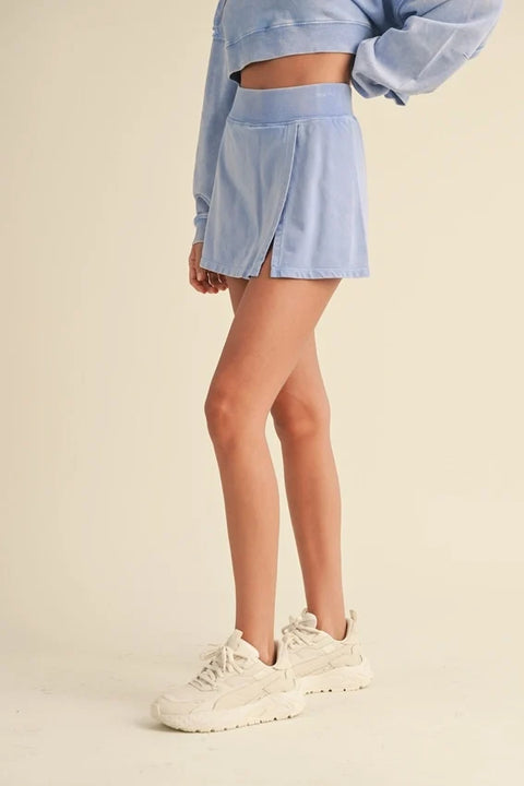 Mineral Wash Side Slit A-Line Skort - Lavender Blue