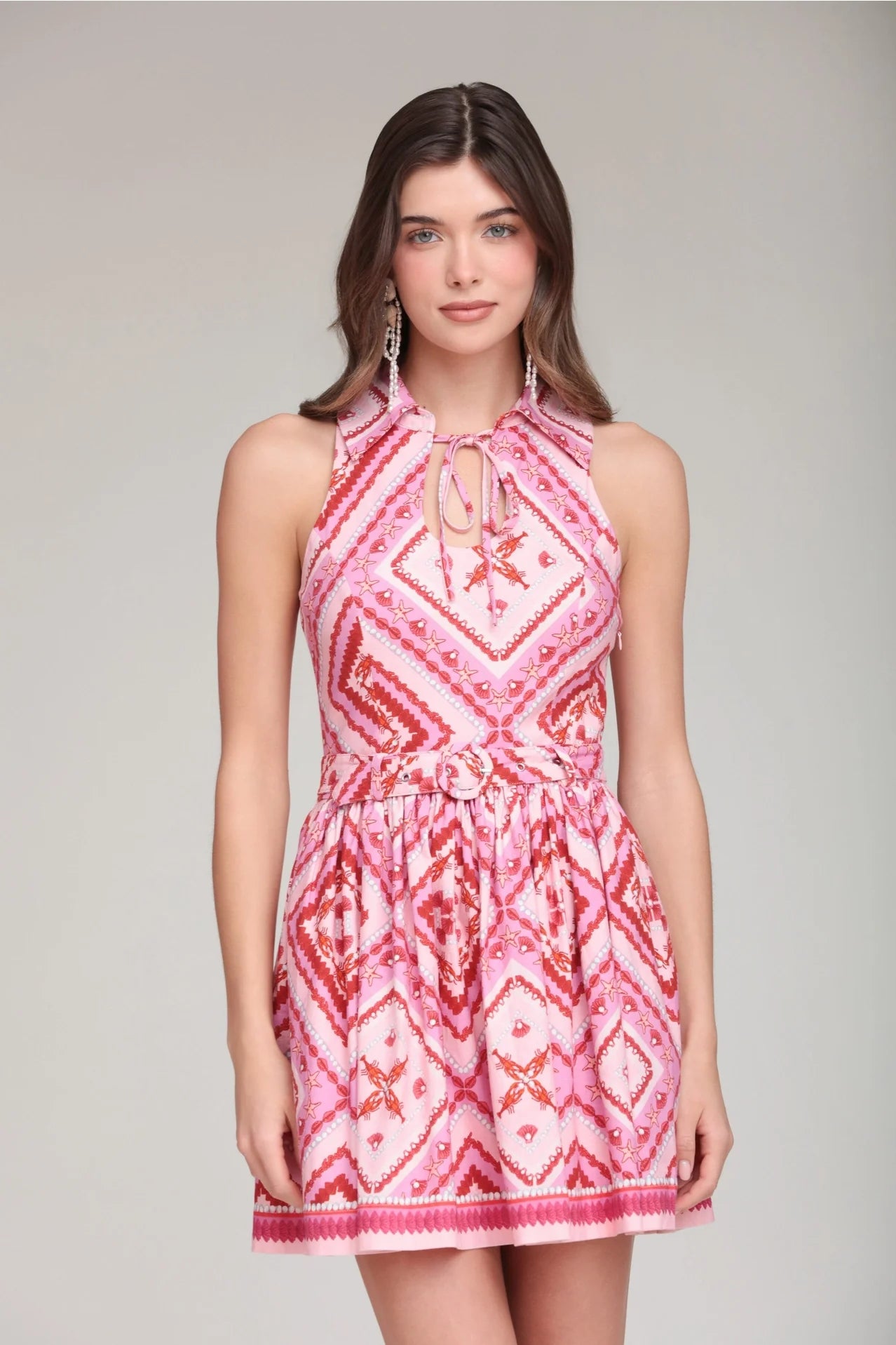 Mosaic Linen Blend Belted Mini Dress