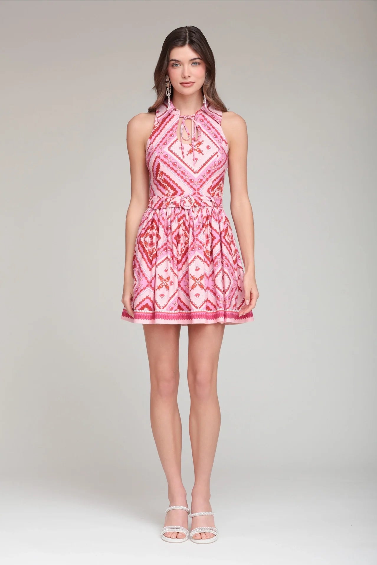 Mosaic Linen Blend Belted Mini Dress
