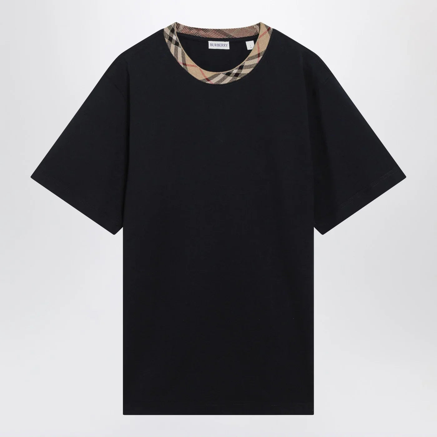 Navy Cotton T-Shirt with Breathable Check Trim for Everyday Comfort