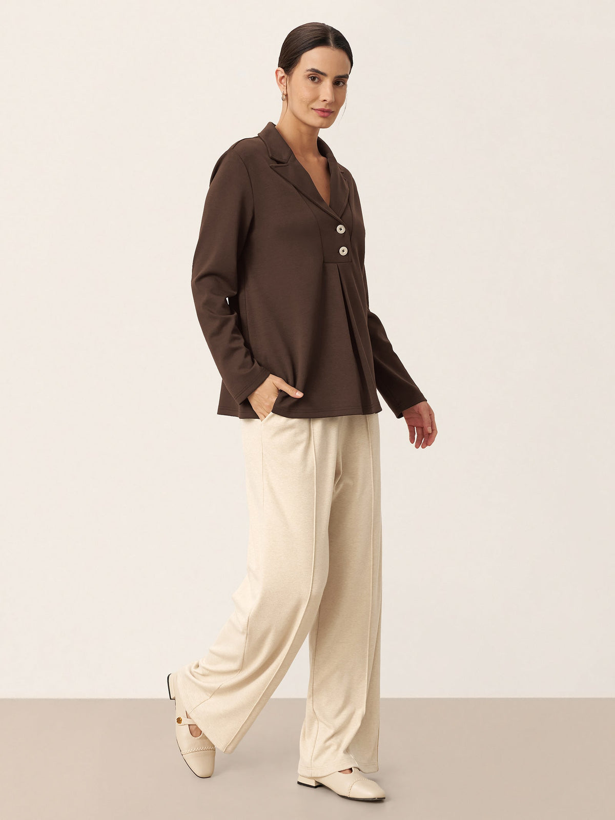 Notched Pleat Long-Sleeve Top JUNE