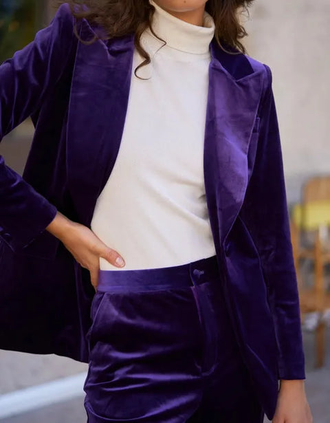One Button Plain Velvet Fitted Jacket - Violet
