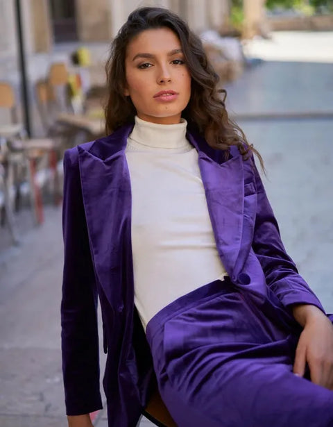 One Button Plain Velvet Fitted Jacket - Violet