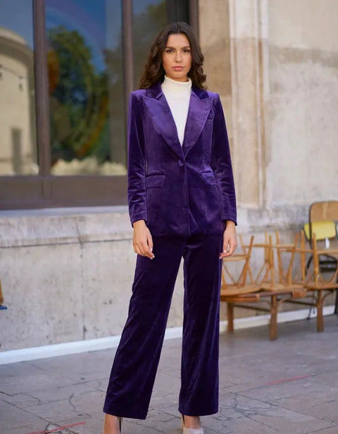 One Button Plain Velvet Fitted Jacket - Violet
