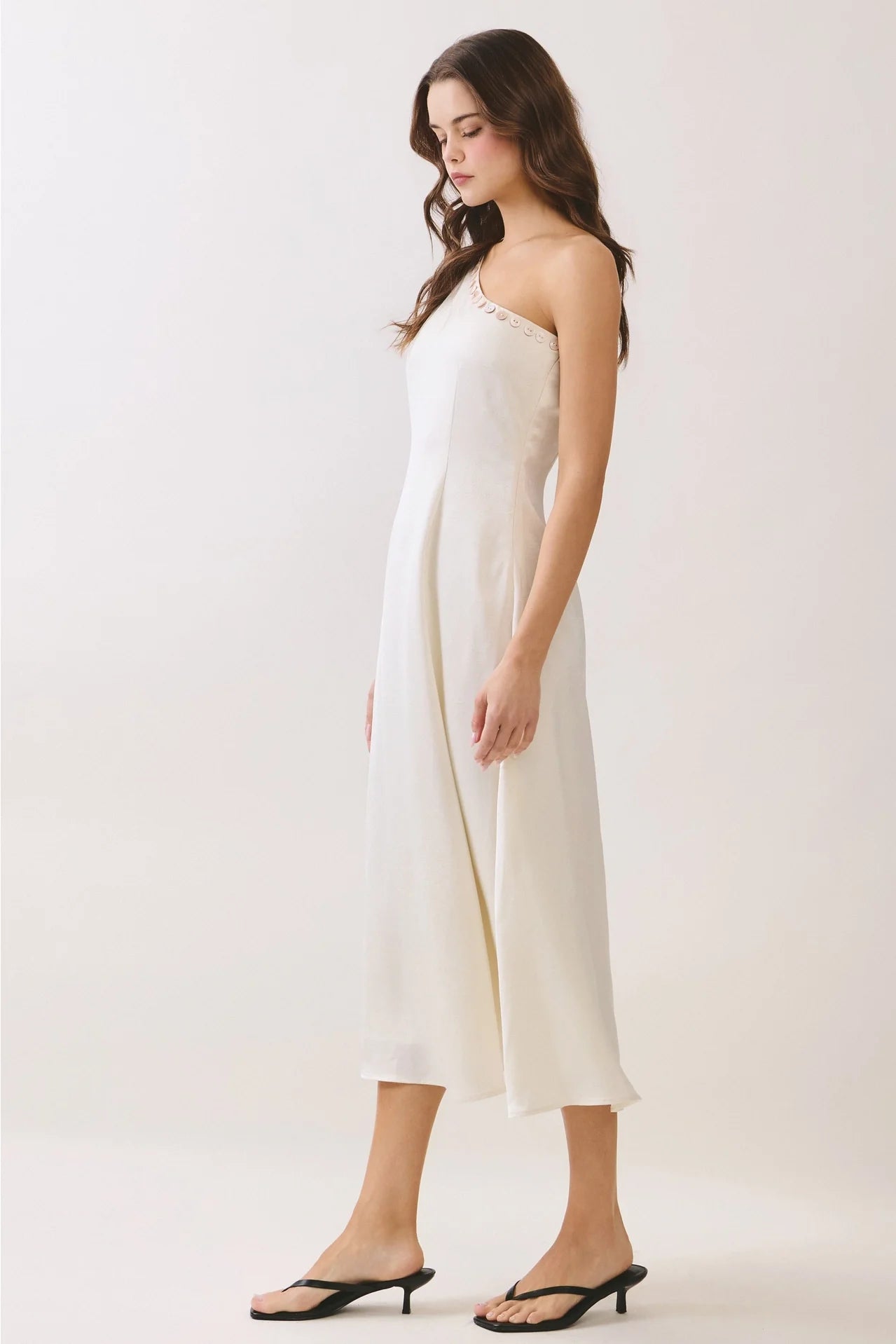 One Shoulder Button Detail Midi Dress