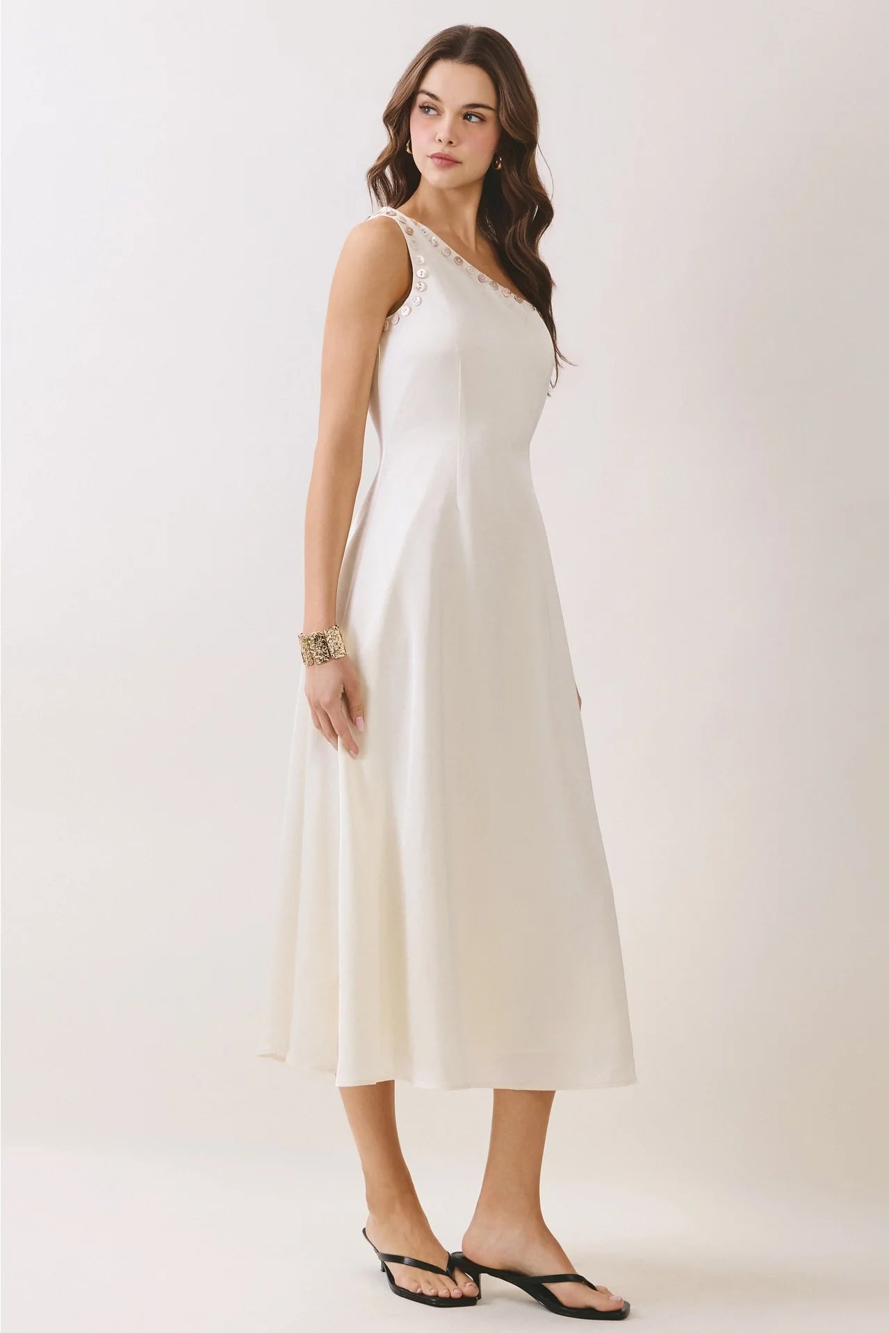 One Shoulder Button Detail Midi Dress