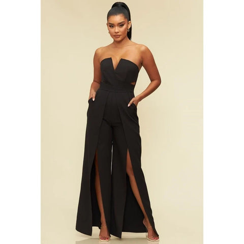 Open Slit Bustier Jumpsuit BLACK