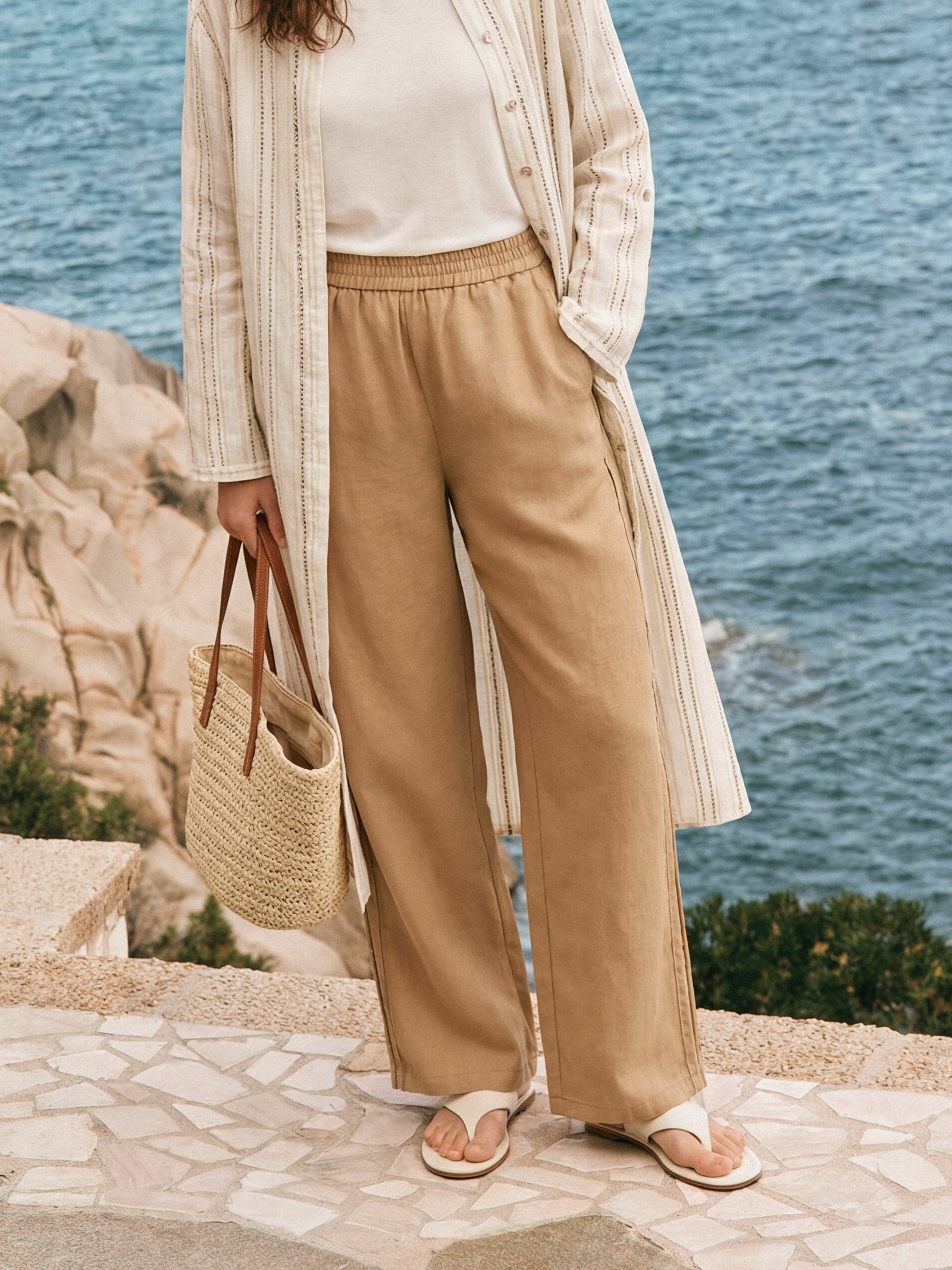 100% Linen Hemstitch Wide Leg Trousers LEONTINE