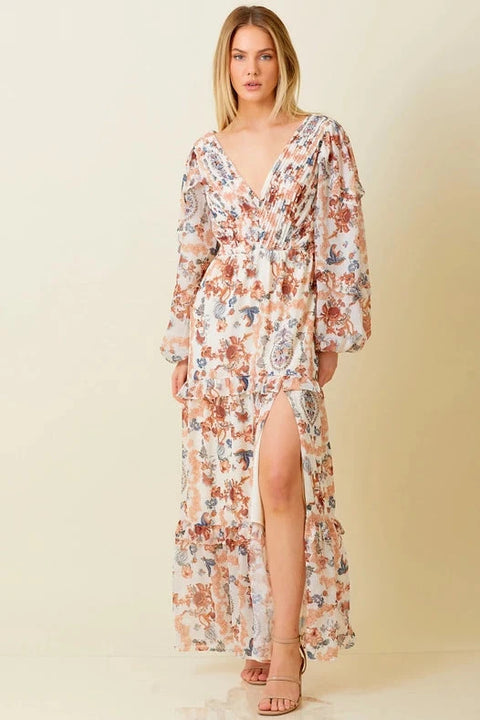 Paisley Print Pleated Ruffle Maxi Dress for Women