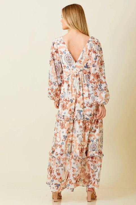Paisley Print Pleated Ruffle Maxi Dress for Women