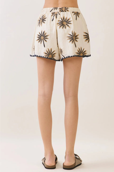 Palm Tree Embroidered Elastic Waistband Shorts