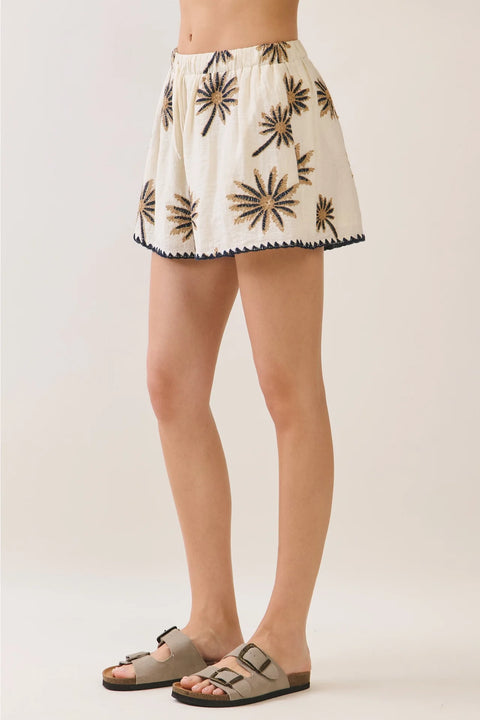Palm Tree Embroidered Elastic Waistband Shorts