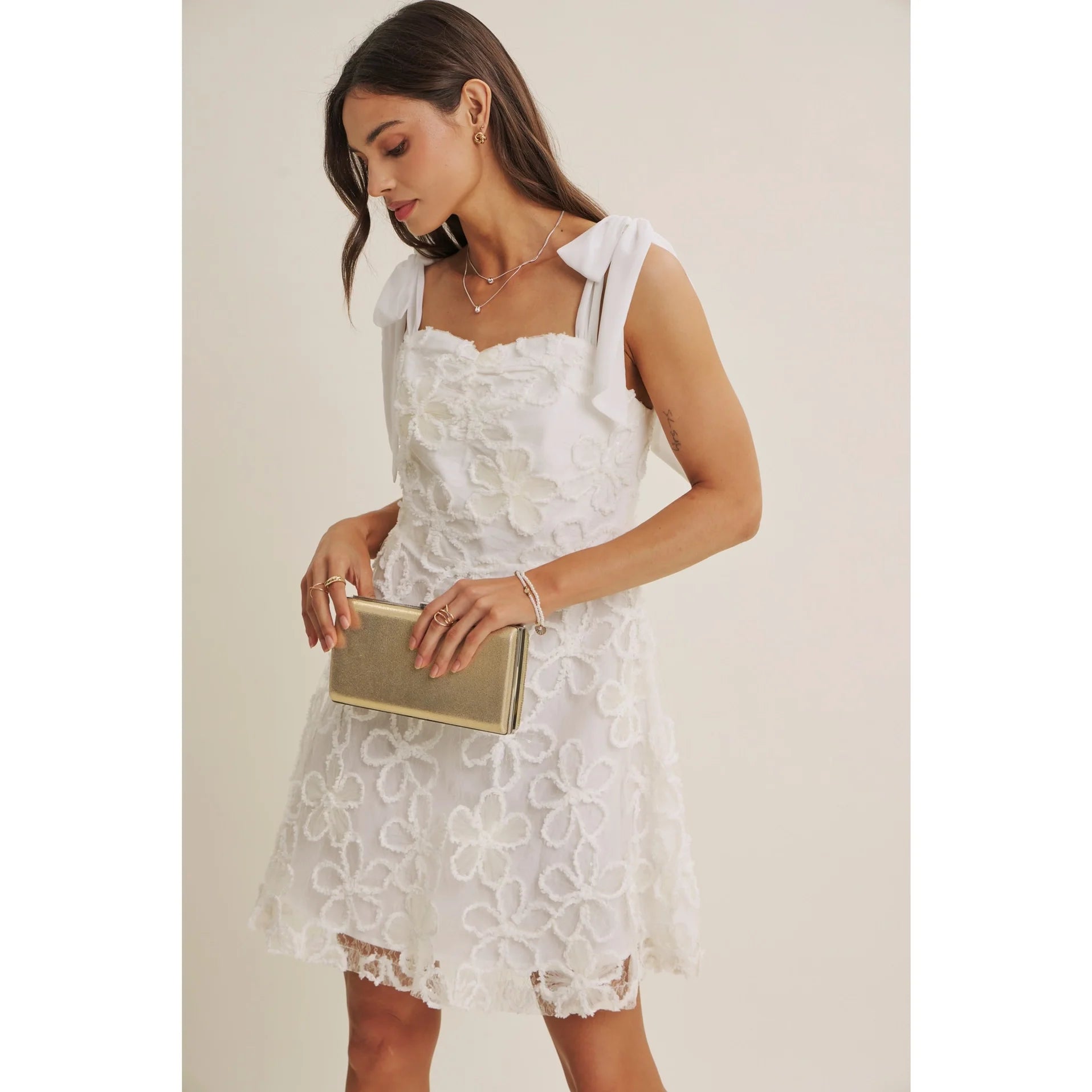Paris Evening Lace Floral Embroidery Mini with Shoulder Tie