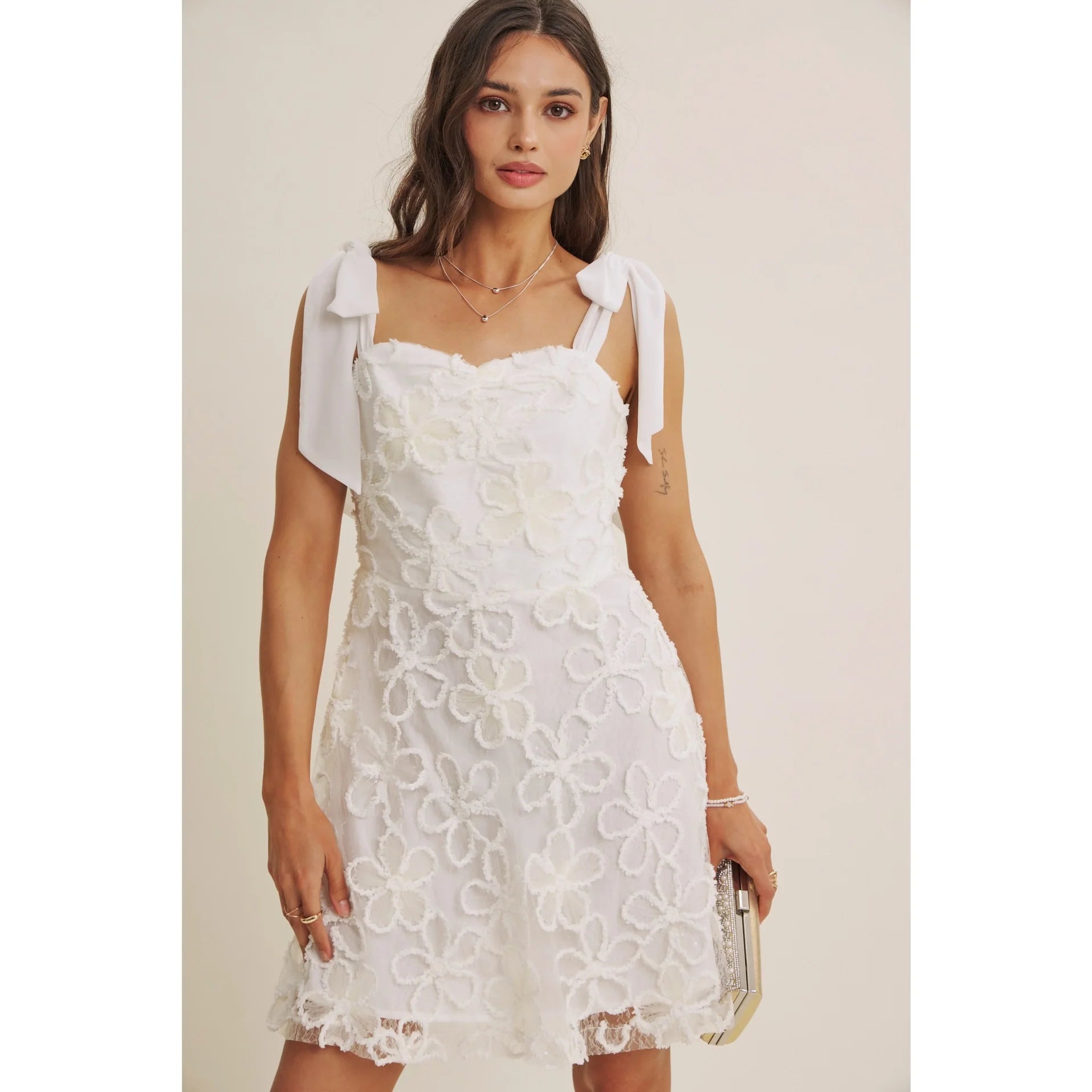 Paris Evening Lace Floral Embroidery Mini with Shoulder Tie