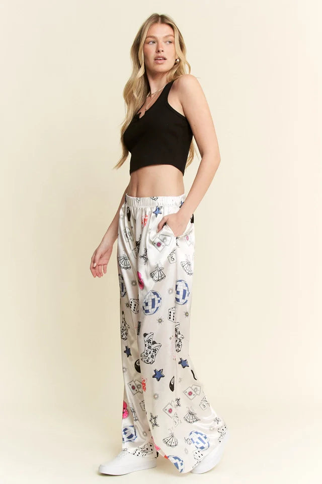 Party Collage Satin Pants Cream