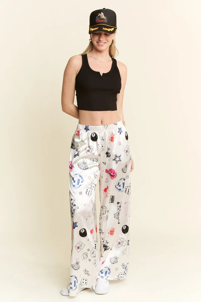 Party Collage Satin Pants Cream