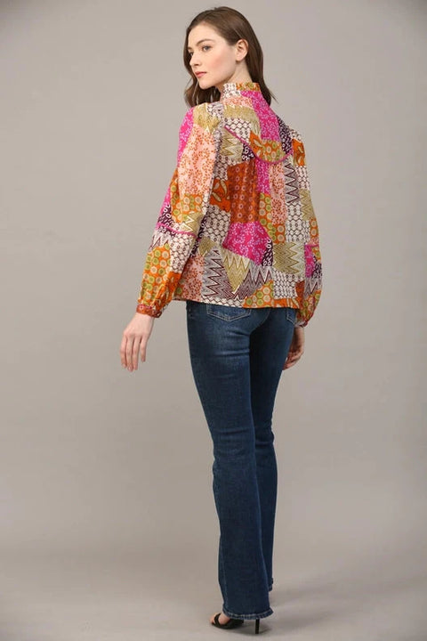 Patchwork Print Piping Detail Blouse