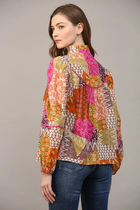 Patchwork Print Piping Detail Blouse