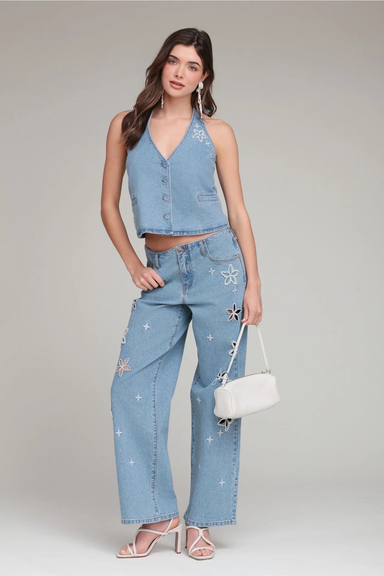 Pearl Fleur Embellished Stretch Denim Vest