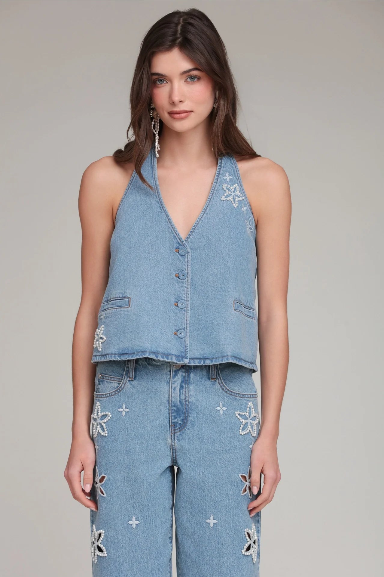 Pearl Fleur Embellished Stretch Denim Vest