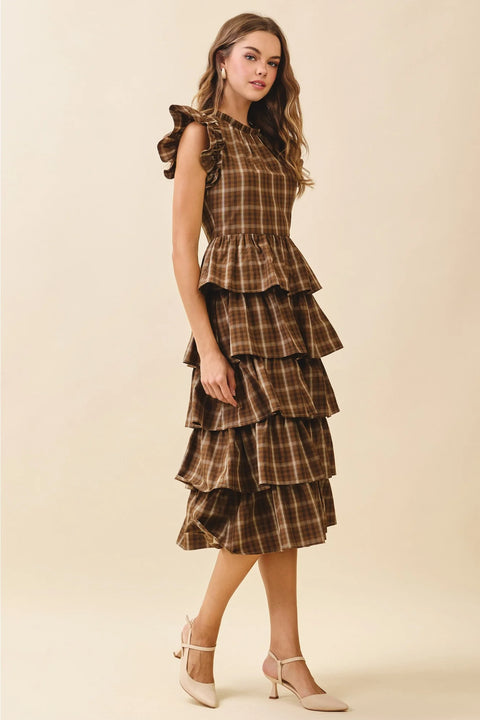 Plaid Ruffled Cap Sleeve Midi Dress with Round Neck