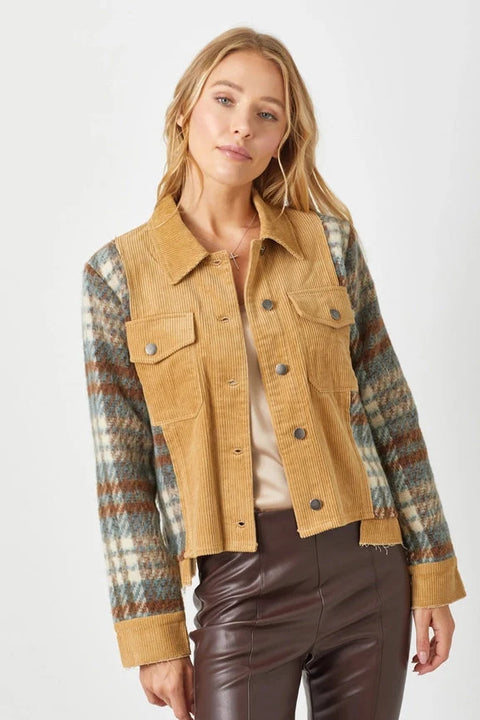 Plaid Sleeve Corduroy Jacket Camel