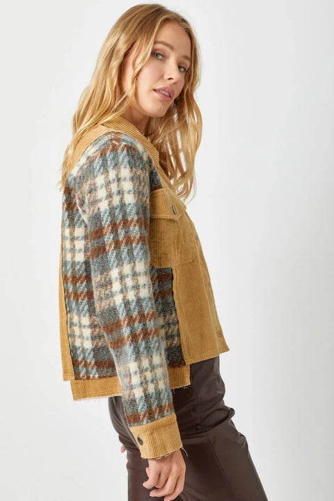 Plaid Sleeve Corduroy Jacket Camel