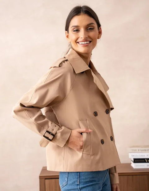 Plain Cropped Cotton Trench Coat Beige