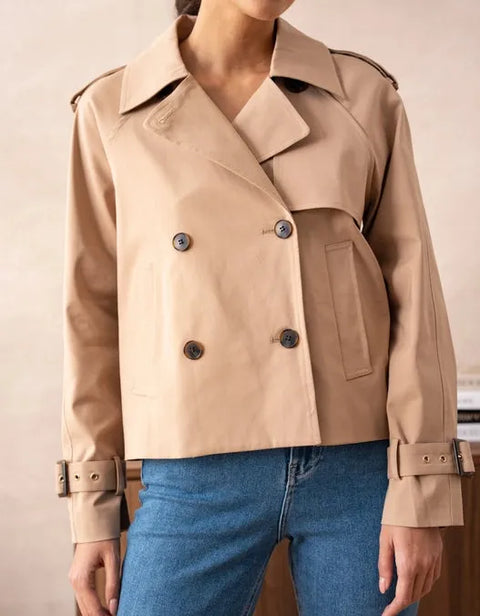 Plain Cropped Cotton Trench Coat Beige
