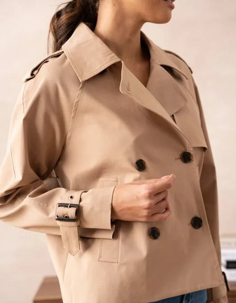Plain Cropped Cotton Trench Coat Beige