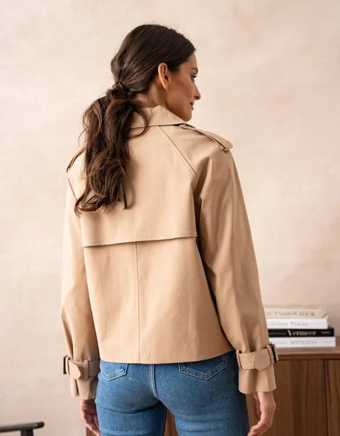 Plain Cropped Cotton Trench Coat Beige