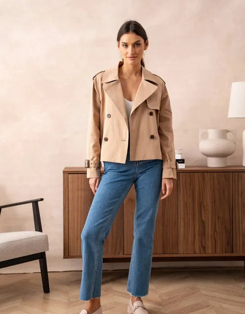 Plain Cropped Cotton Trench Coat Beige