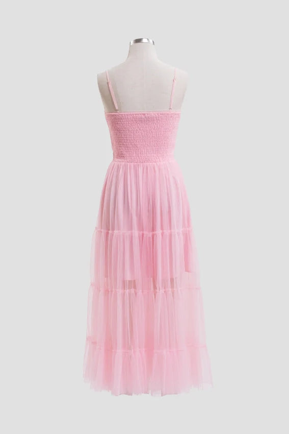 Pleated Tulle Semi-Sheer Tiered Dress PINK