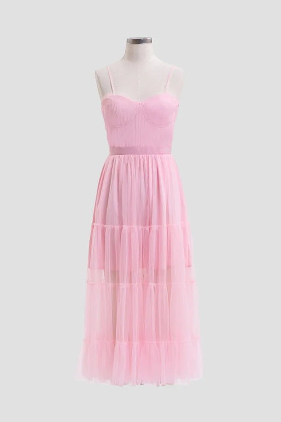 Pleated Tulle Semi-Sheer Tiered Dress PINK