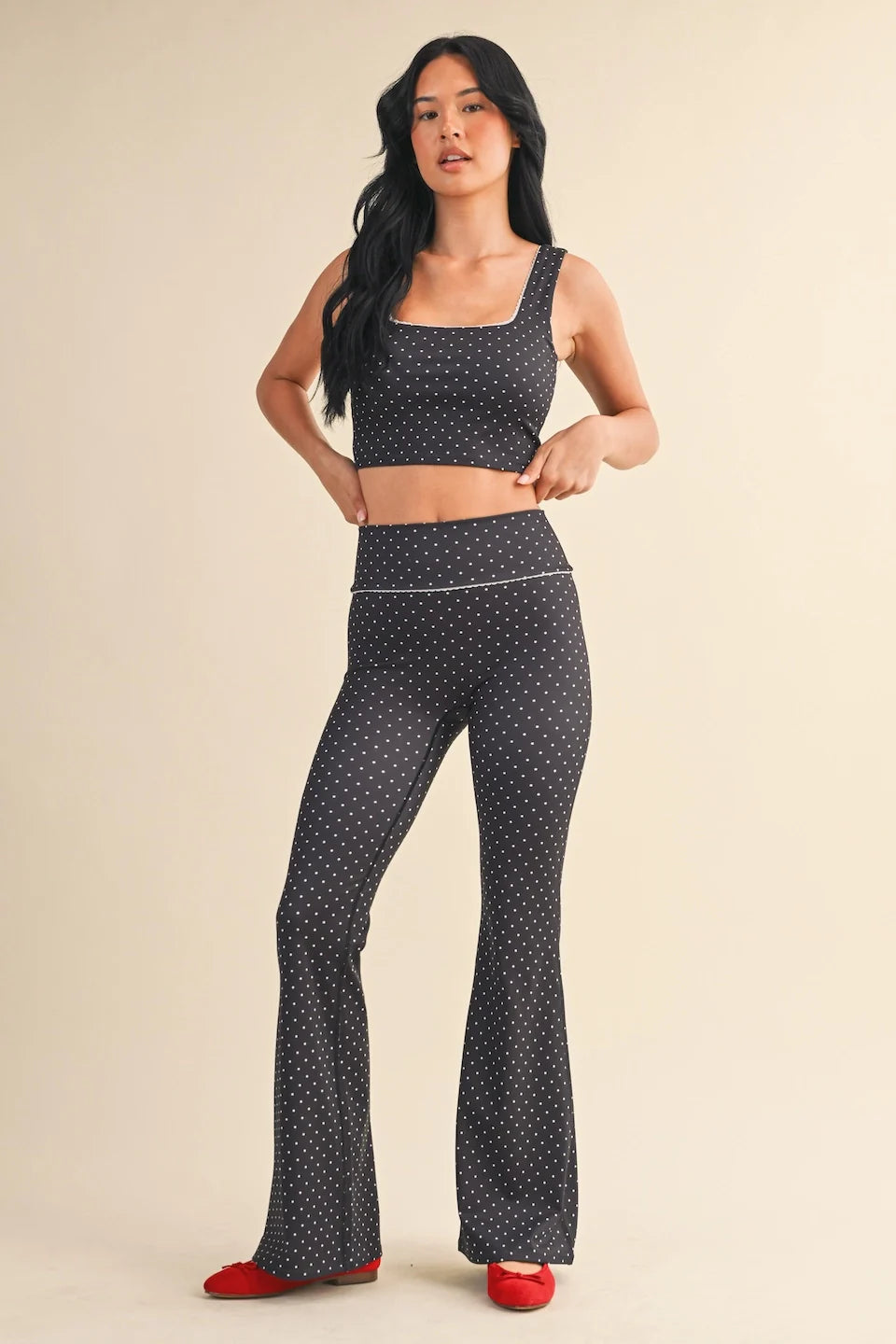 Polka Dot Print Crop Tank with Lace Trim