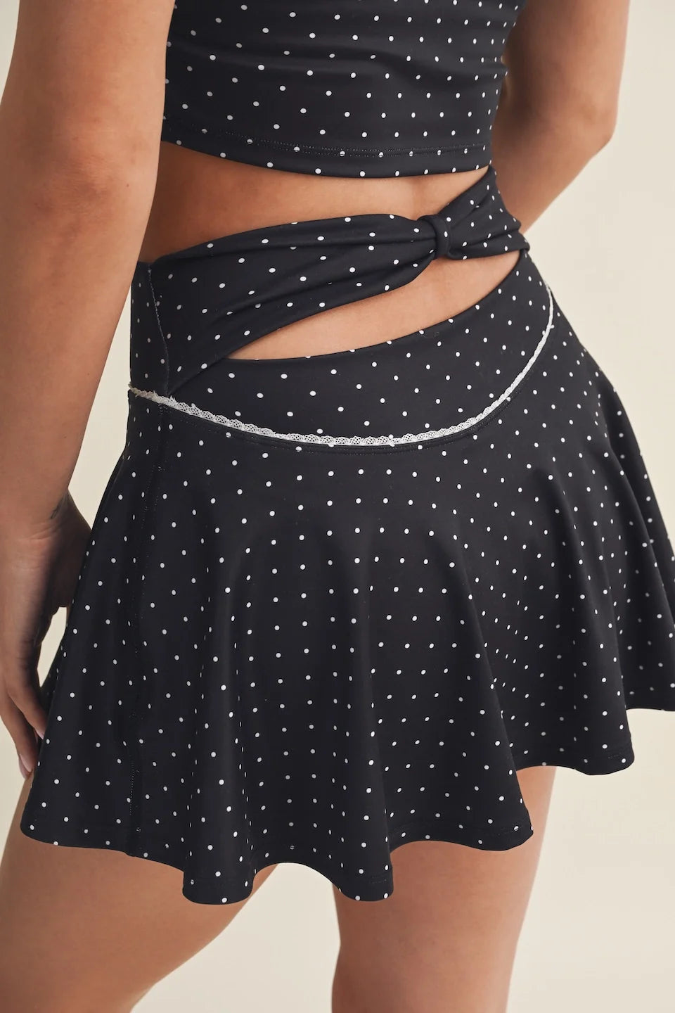 Polka Dot Print Mini Circle Skort with Bow Back and Lace Trim Black