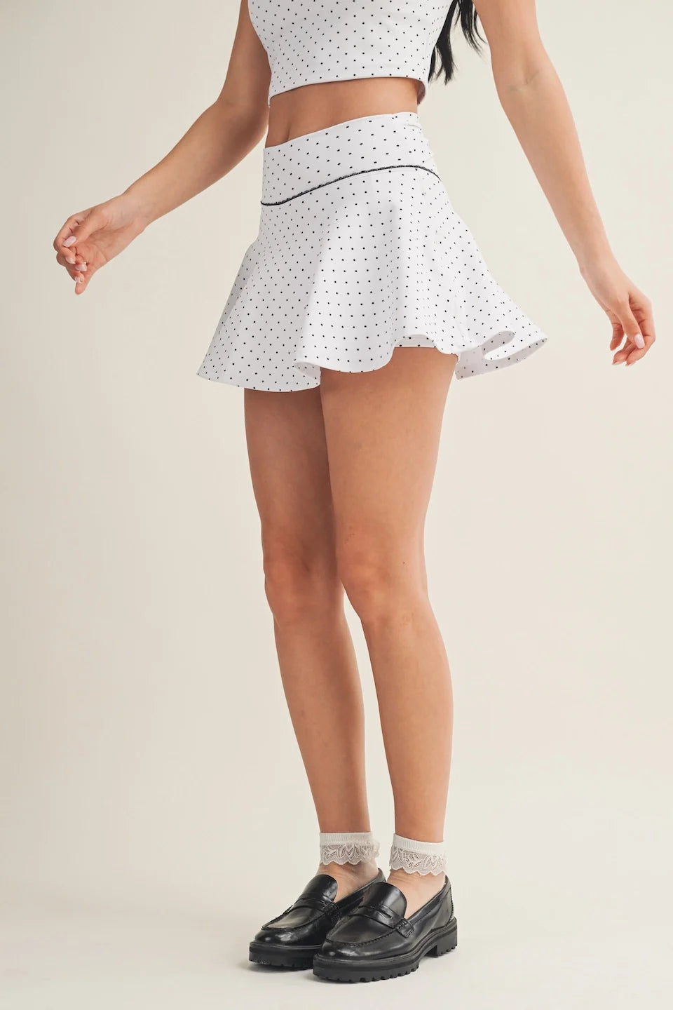 Polka Dot Print Mini Circle Skort with Bow Back and Lace Trim Black