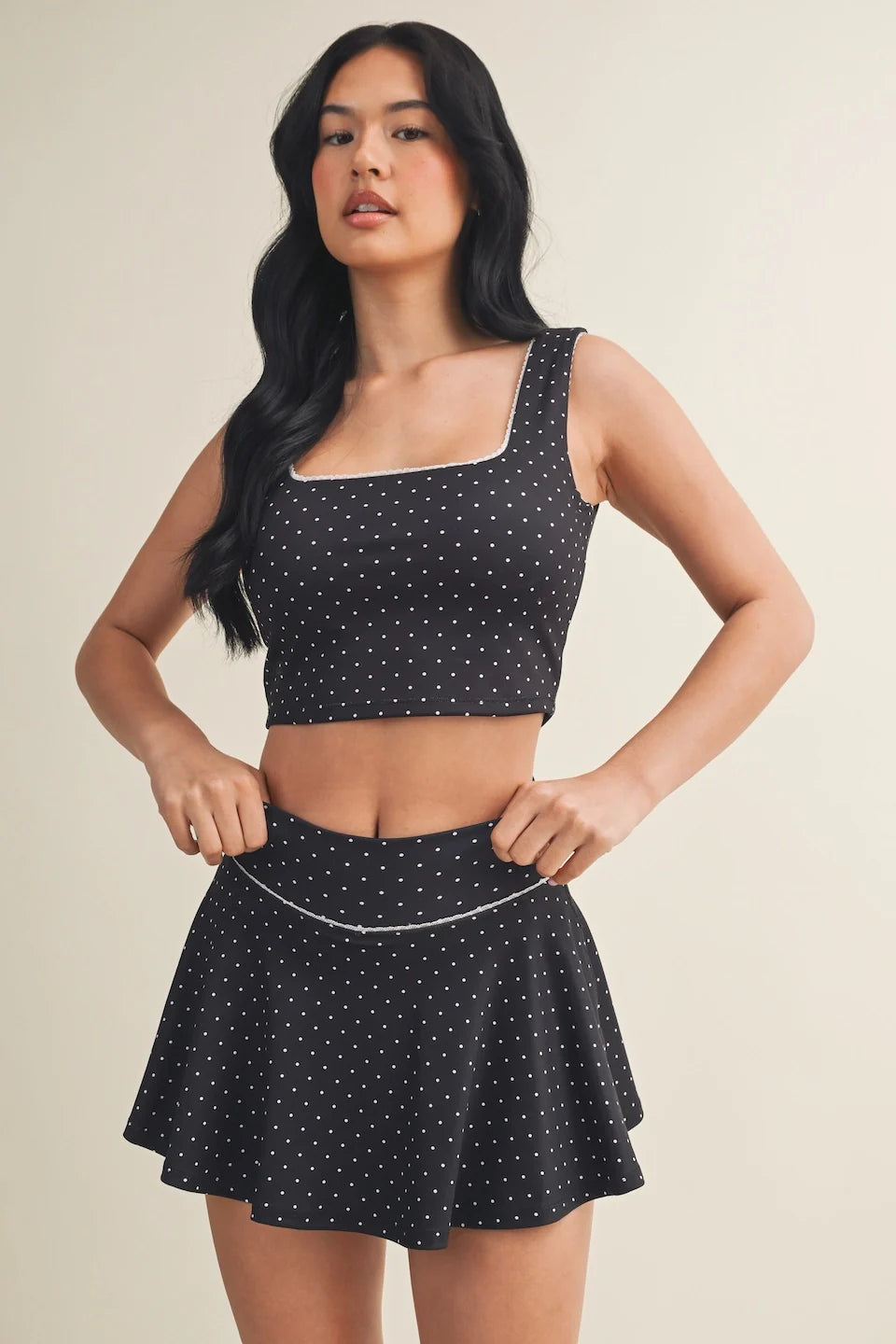 Polka Dot Print Mini Circle Skort with Bow Back and Lace Trim Black