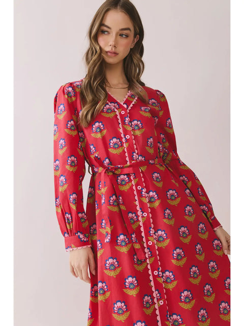 Printed Long Sleeve Button-Down Midi Dress for Women