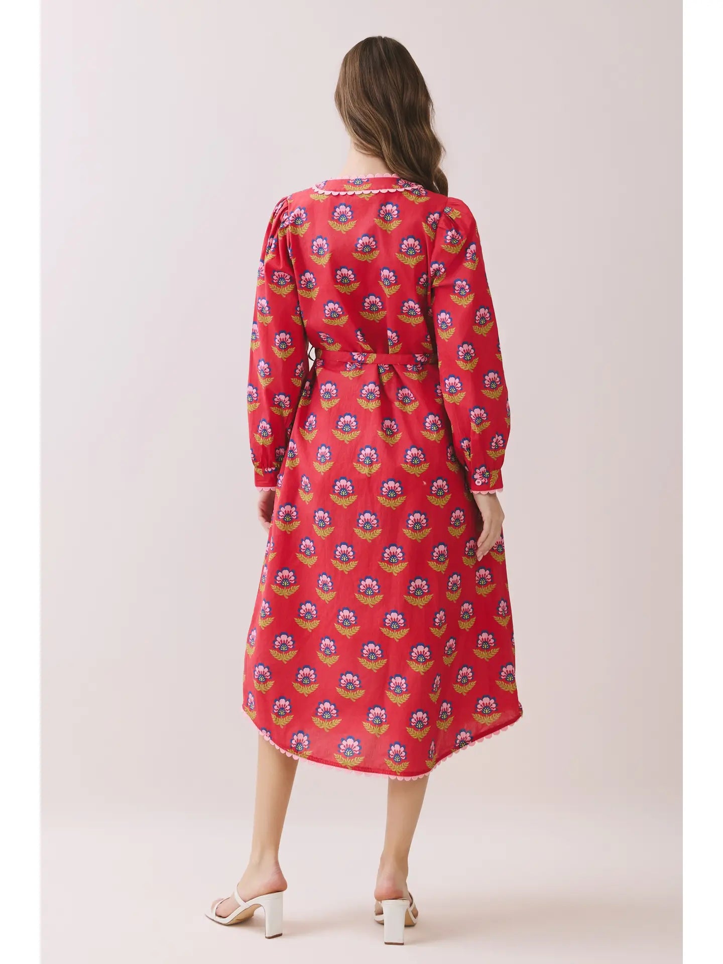 Printed Long Sleeve Button Down Midi Dress