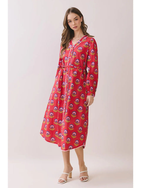 Printed Long Sleeve Button-Down Midi Dress for Women