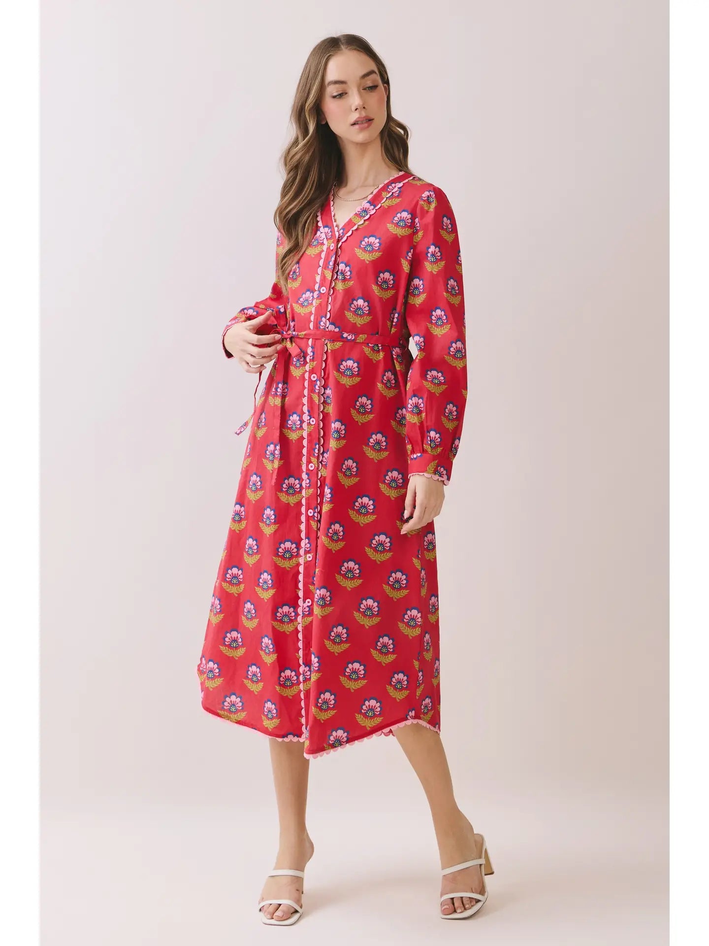 Printed Long Sleeve Button Down Midi Dress