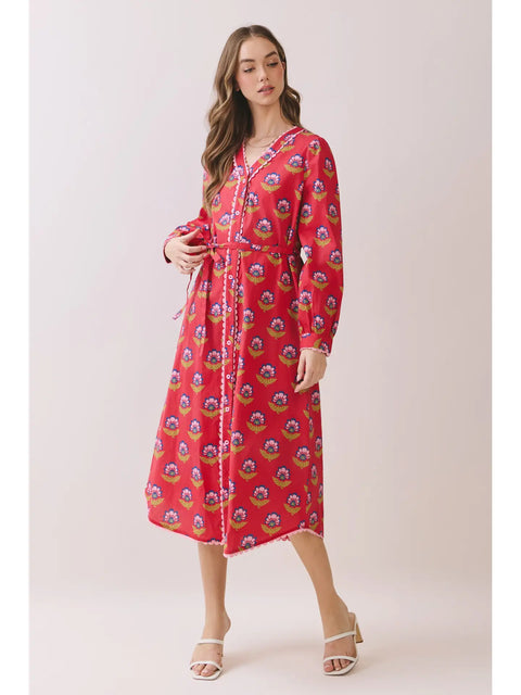 Printed Long Sleeve Button-Down Midi Dress for Women