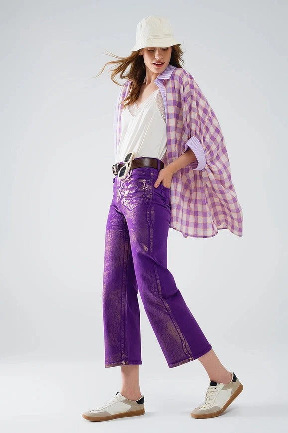Purple Wide Leg Jeans with Metallic Finish in Gold