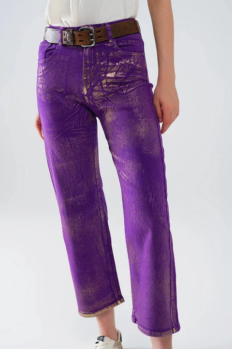 Purple Wide Leg Jeans with Metallic Finish in Gold