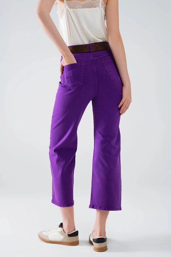 Purple Wide Leg Jeans with Metallic Finish in Gold